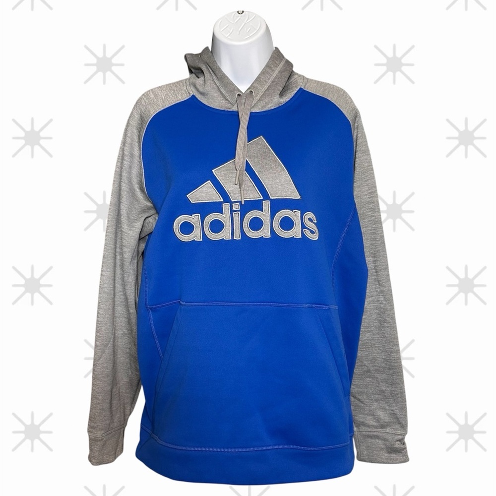 Adidas Blue & Gray Colorblock Hoodie – Big Logo Pullover Sweatshirt Size Mediuin